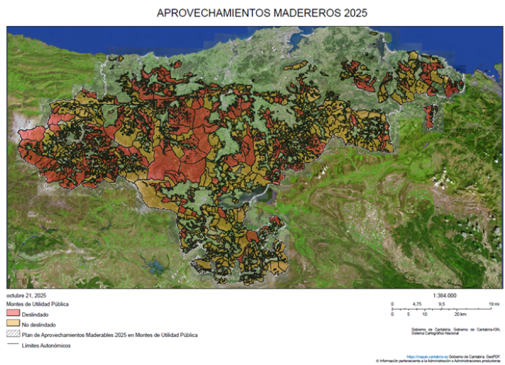 Figura 1. Plan de aprovechamientos maderables 2025 en M.U.P de Cantabria. Fuente. https://mapas.cantabria.es Gobierno de Cantabria. GeoPDF  